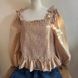 Smocked Ruffle Peasant Blouse in Light Beige